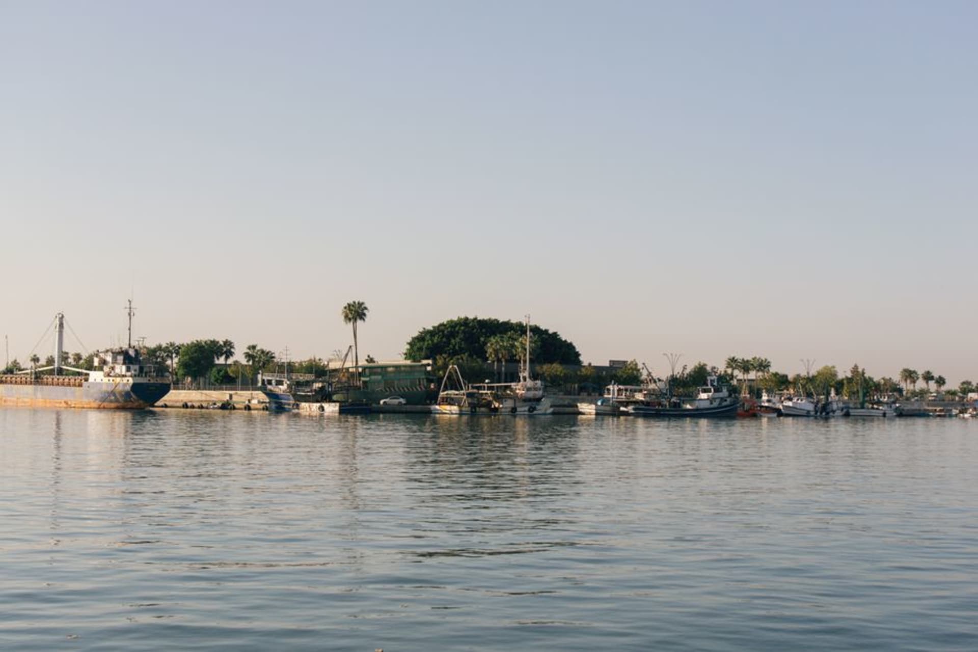 The Mersin waterfront promenade with palm trees, port cranes, and the Mediterranean stretching to the horizon
