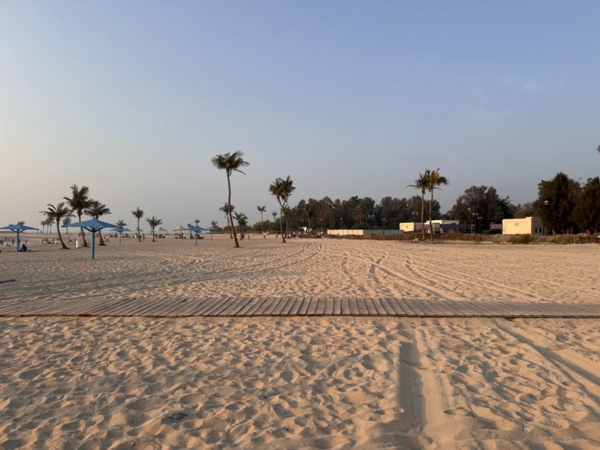 Familias de picnic sobre el césped junto a una cala de arena en el parque de la playa Al Mamzar