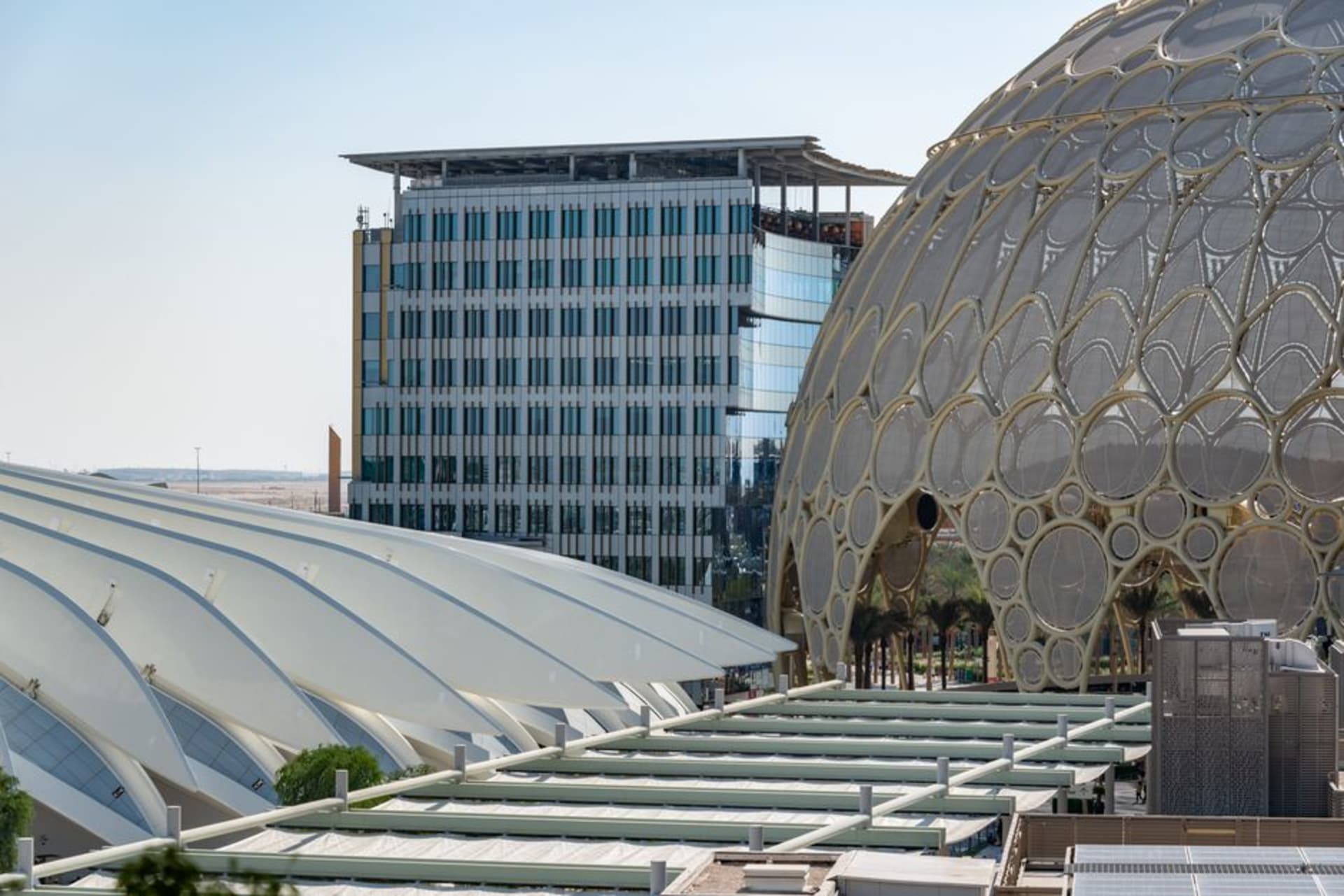 Al Wasl Dome illuminated with projections at night in Dubai Expo City