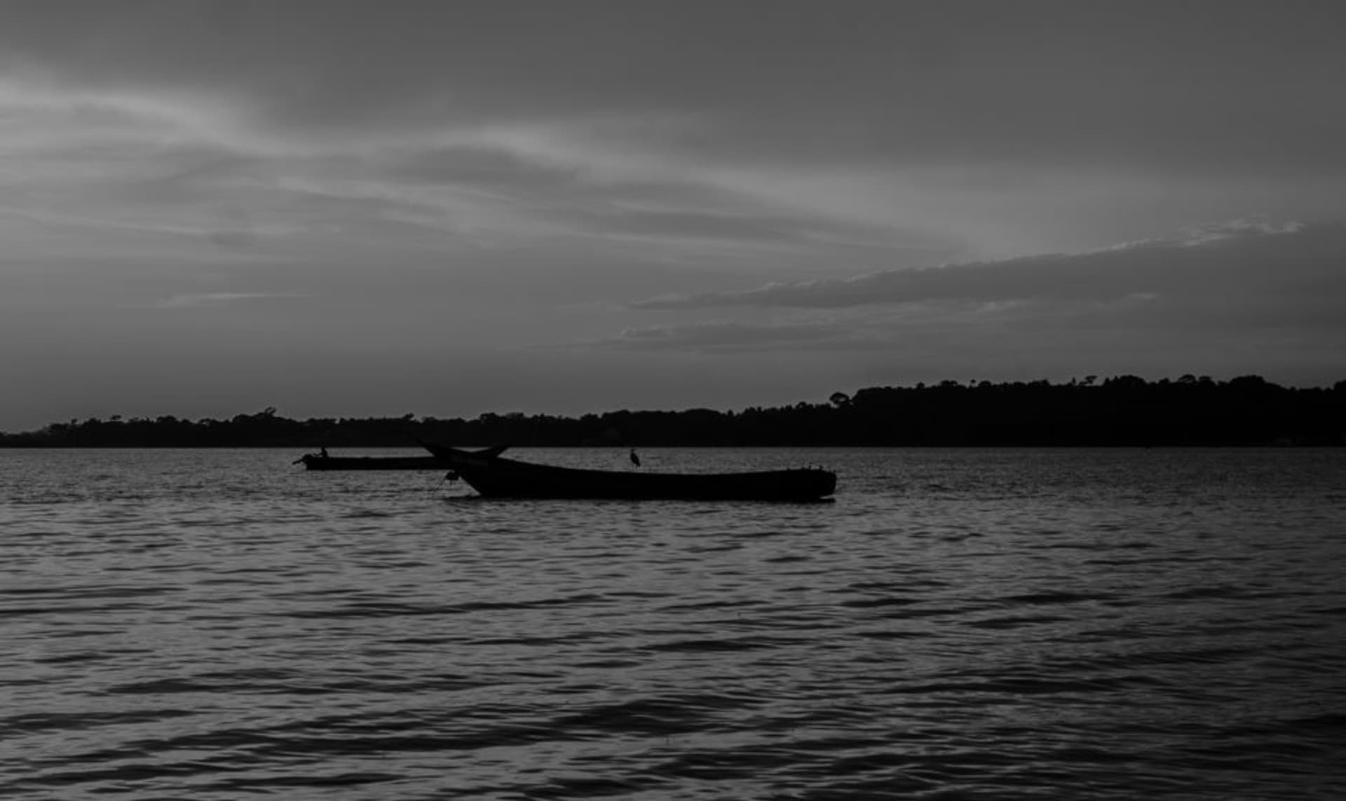 Palm-lined beach on Bugala Island with a wooden fishing boat pulled up on the sand and Lake Victoria stretching to the horizon