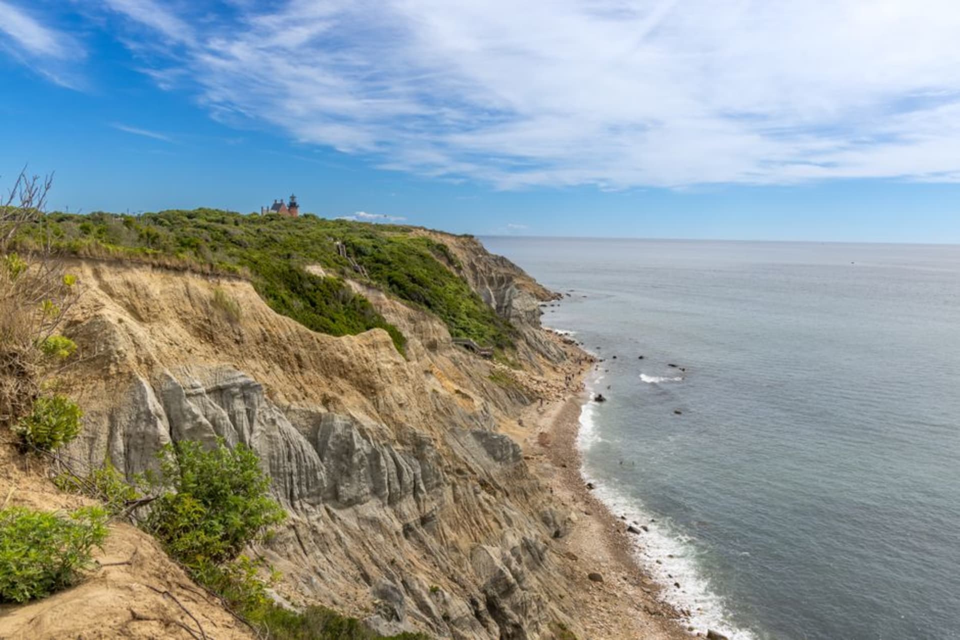 High clay bluffs at Mohegan Bluffs dropping to the sea on Block Island