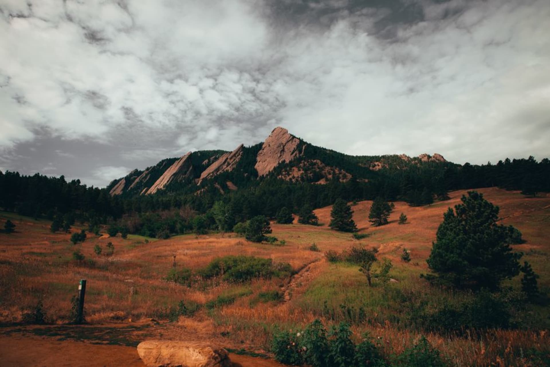 The tilted red sandstone Flatirons rising above the green foothills of Boulder
