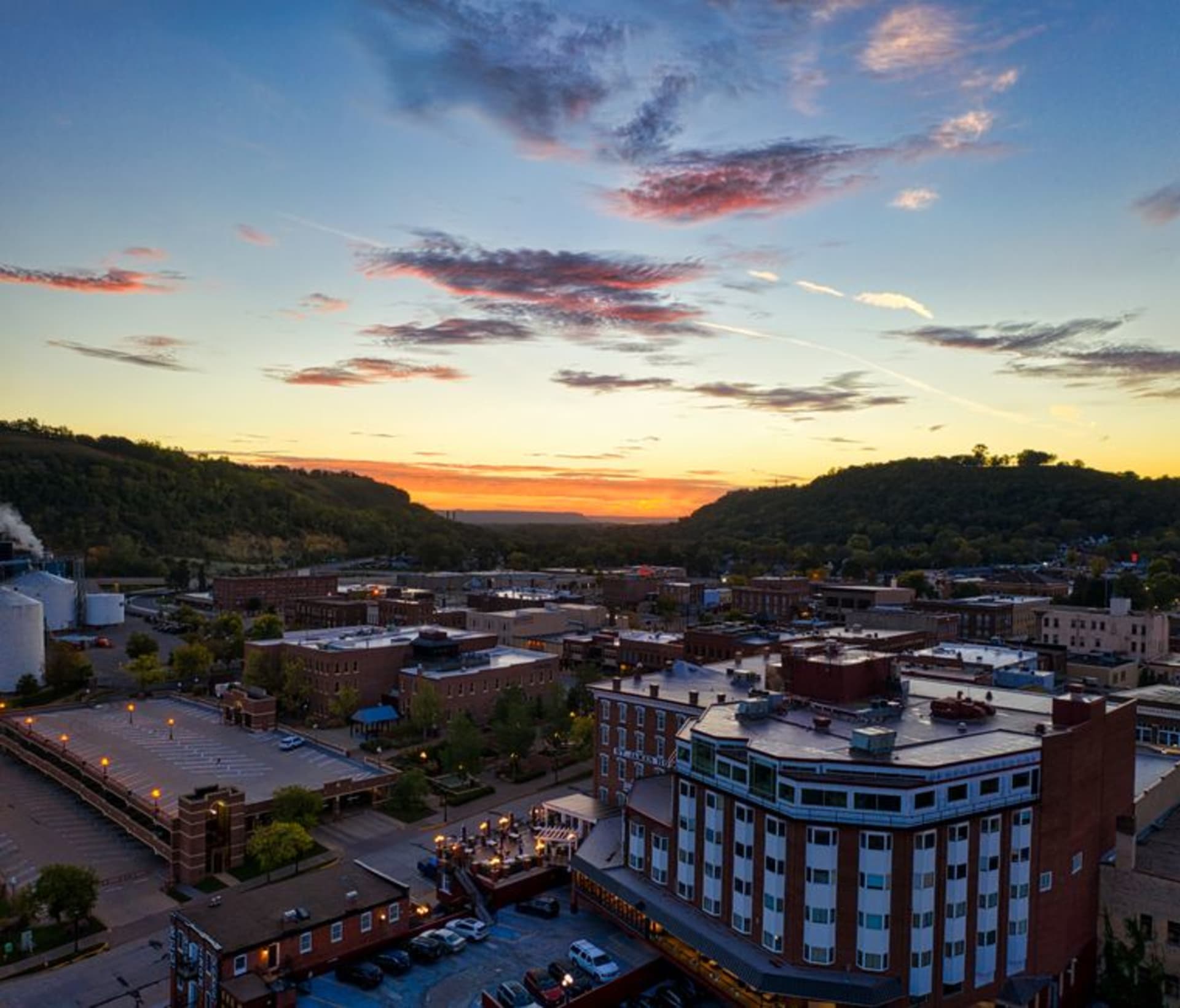 Historic storefronts built into the limestone bluff above the White River in Calico Rock, Arkansas