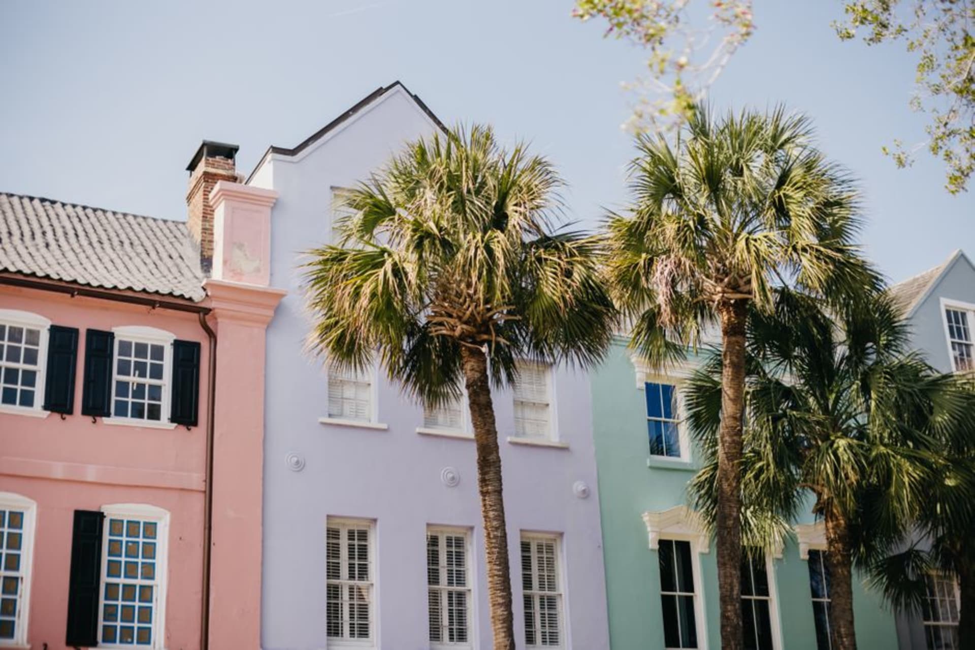 Pastel row houses of Rainbow Row along the Charleston waterfront