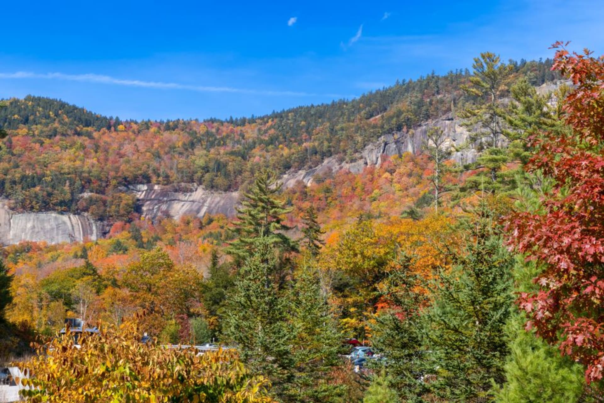 Steep granite cliffs framing the narrow mountain pass at Dixville Notch, New Hampshire