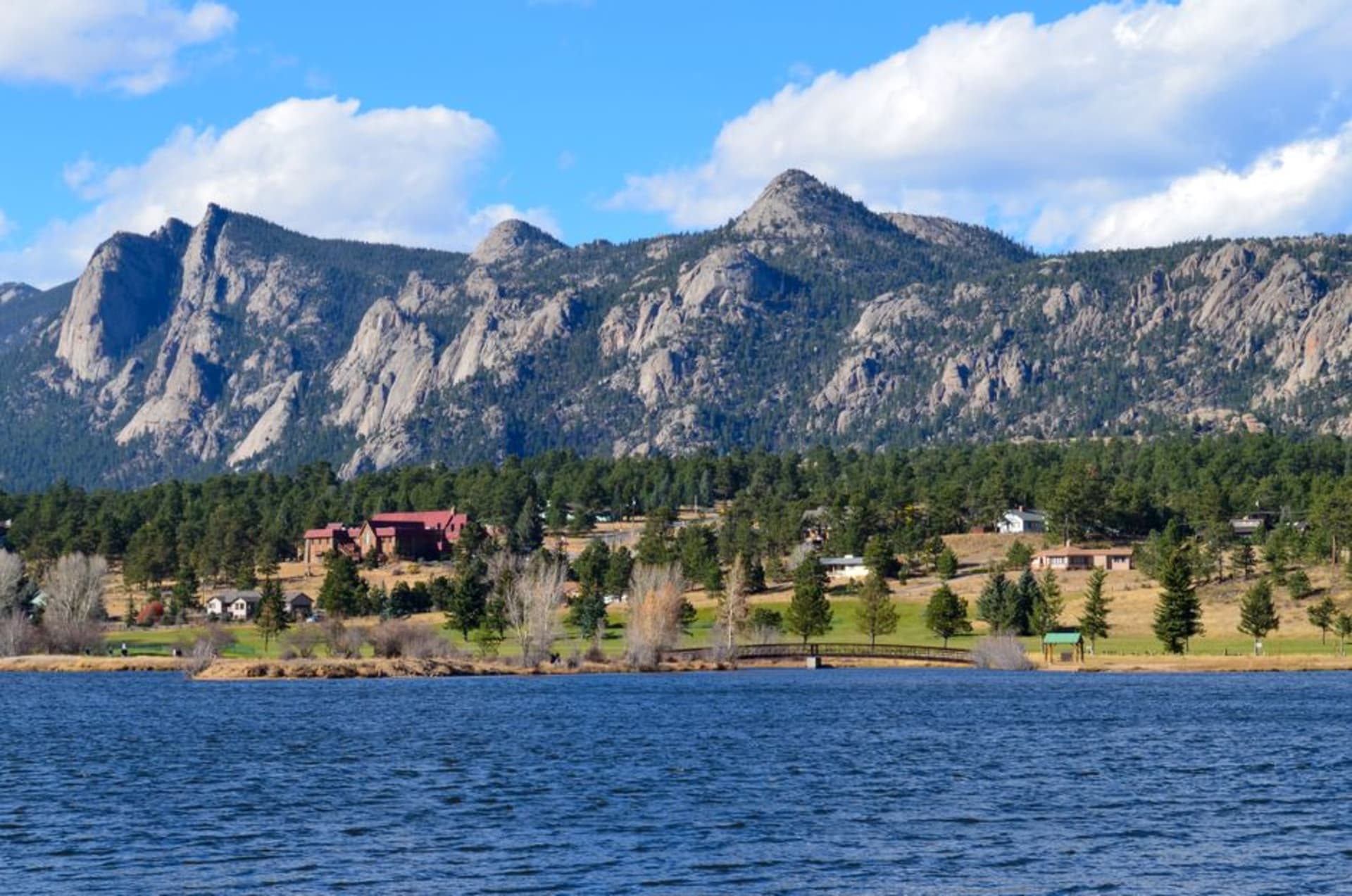Estes Park town below the front range of the Rocky Mountains with Lake Estes in view