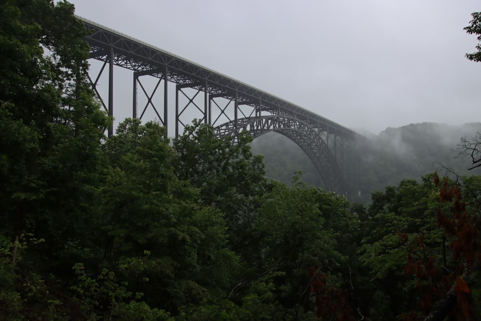 The New River Gorge Bridge spanning the gorge near Fayetteville, West Virginia at golden hour