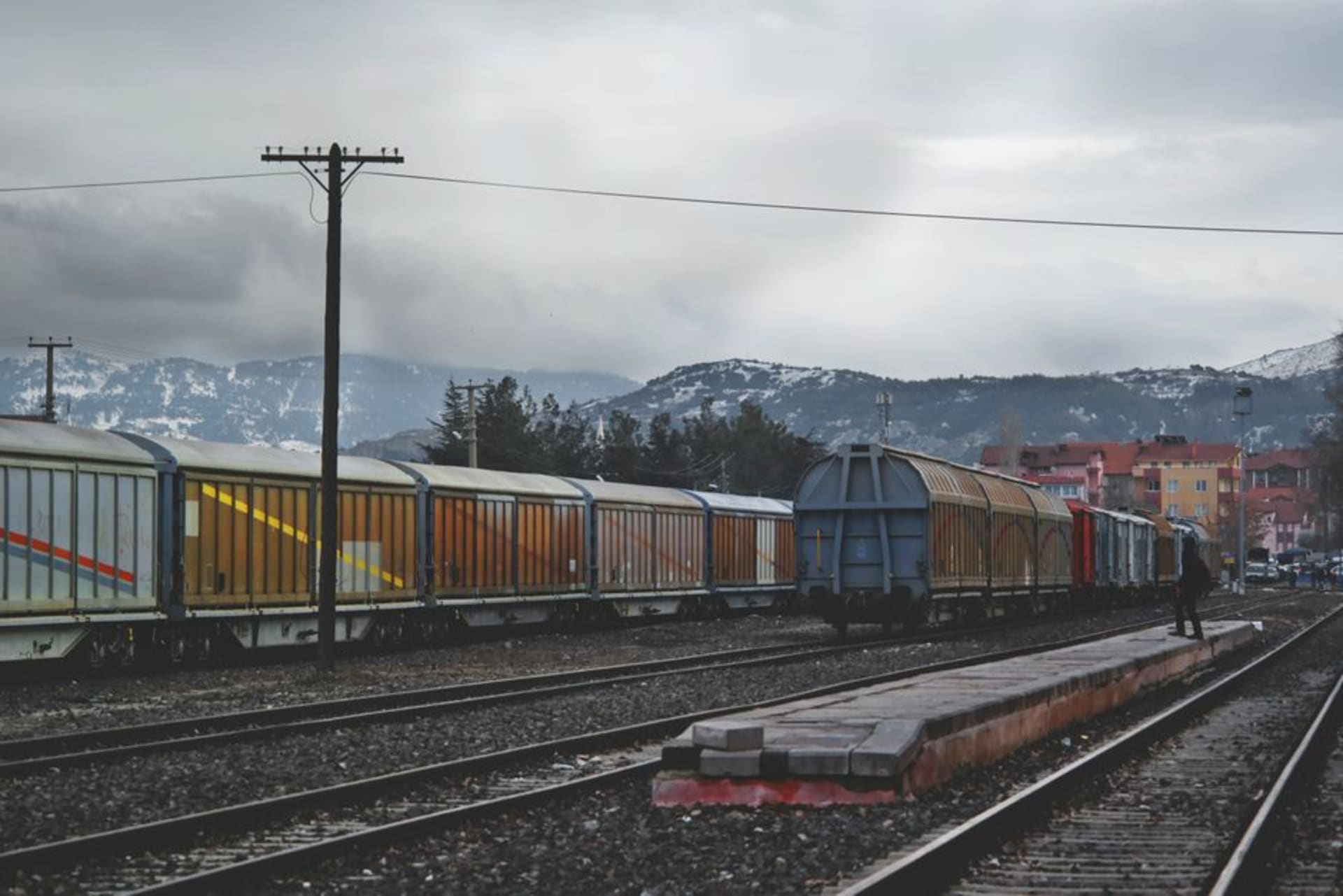 Freight trains passing through the historic railroad depot district in Galesburg, Illinois