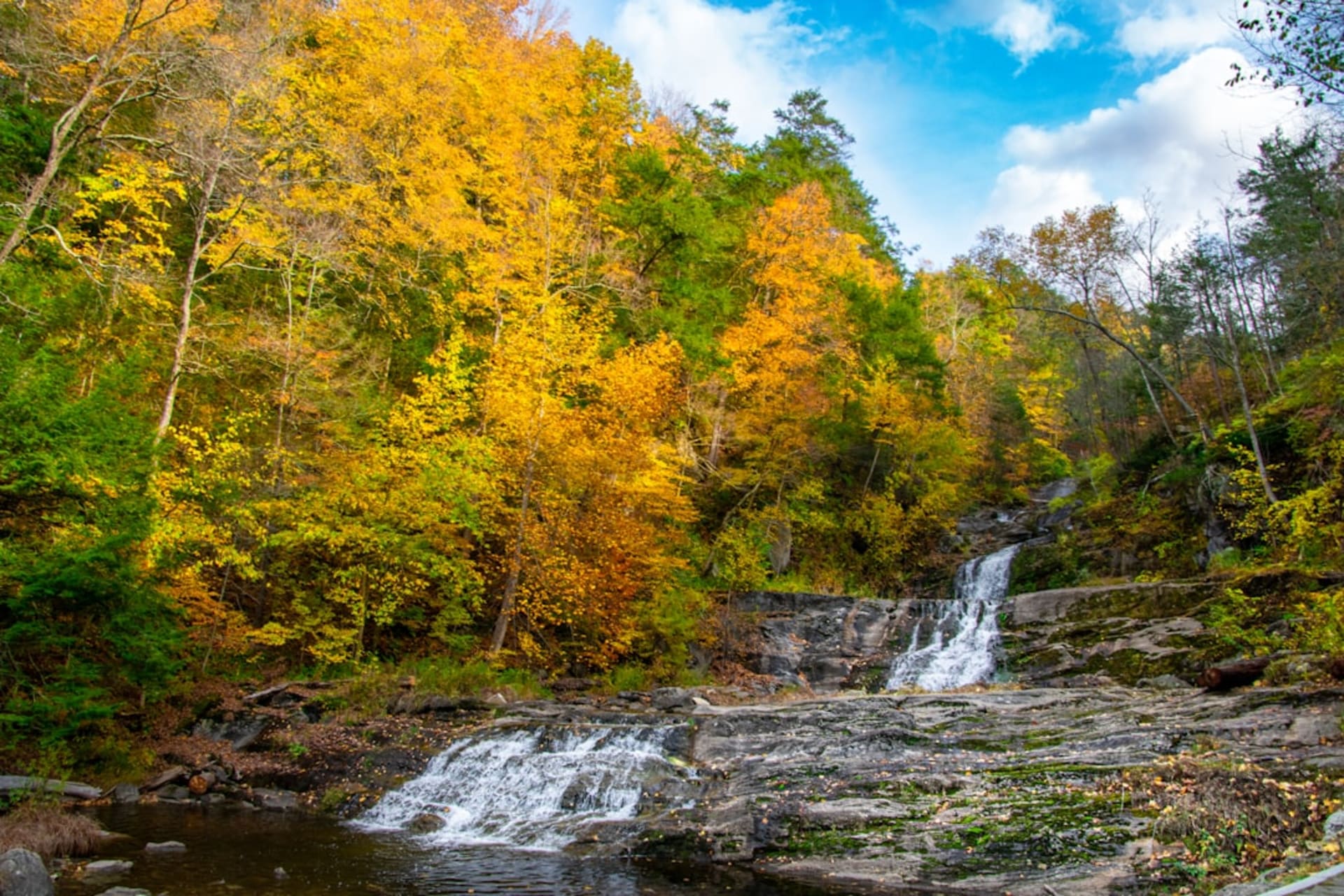 Kent Falls cascading over stone ledges in the Litchfield Hills of Connecticut