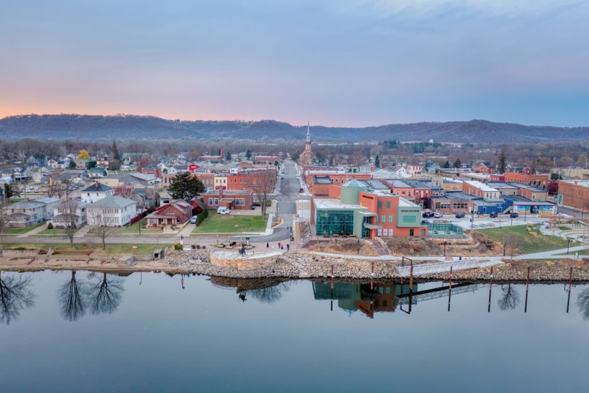The Mississippi riverfront and Main Street shops in Le Claire, Iowa