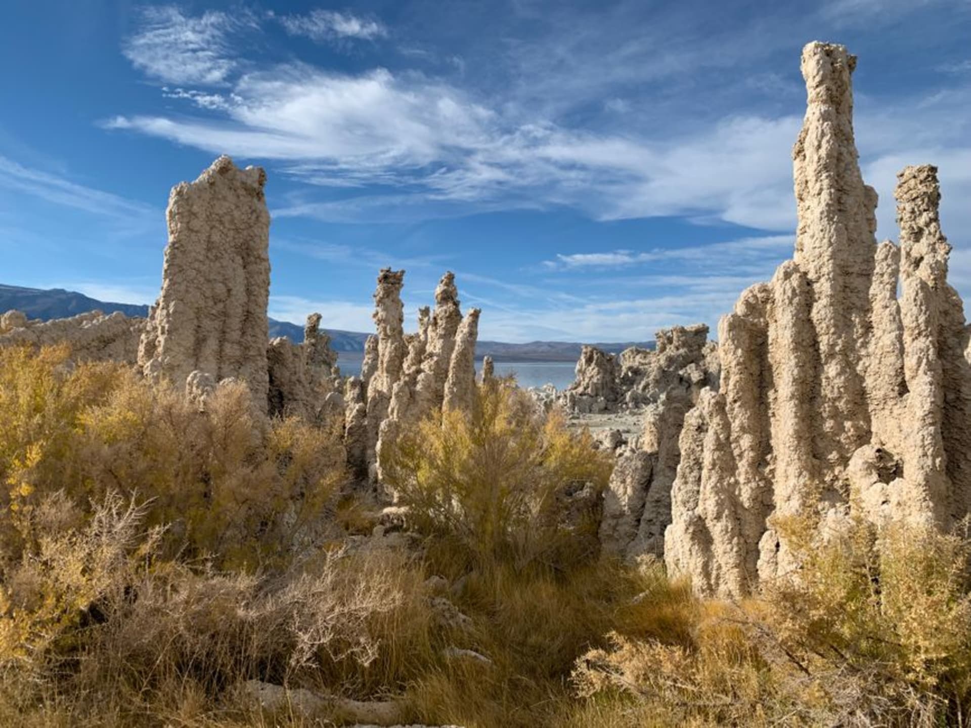 Knobbly limestone tufa towers rising from the still surface of Mono Lake with the Sierra Nevada behind at dawn
