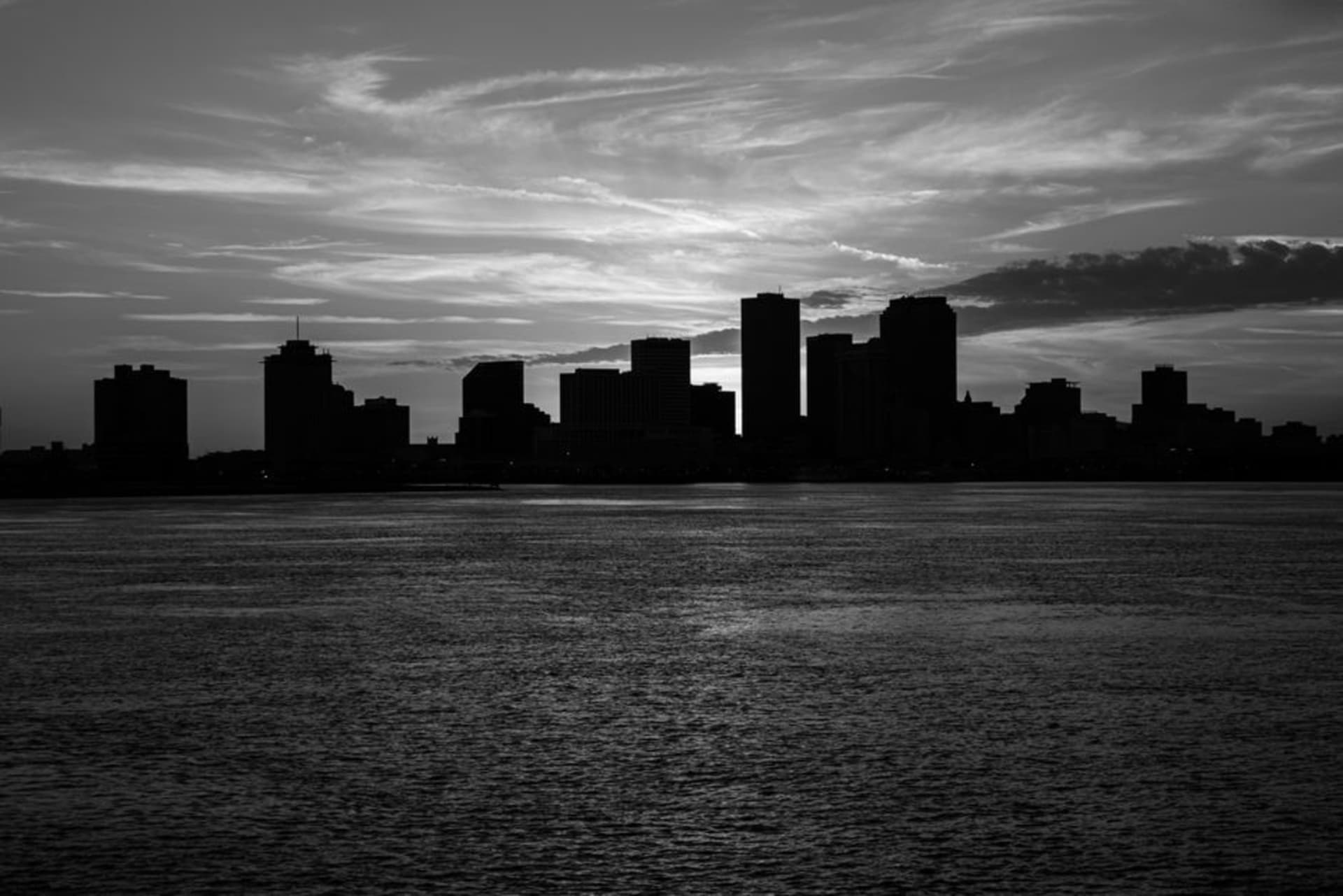 The Ouachita River and downtown Monroe skyline at sunset in Louisiana