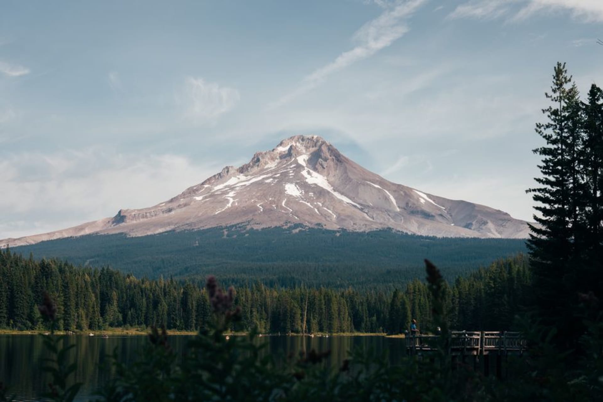 The snow-capped symmetrical cone of Mount Hood rising above dark evergreen forests under a blue Oregon sky