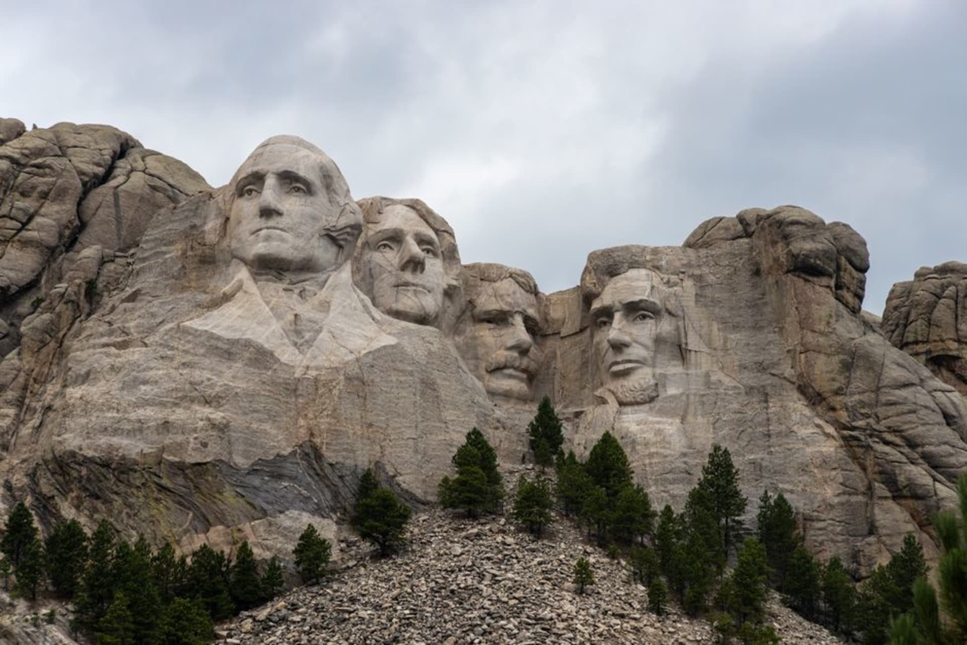 The four carved presidential faces of Mount Rushmore in the granite of the Black Hills