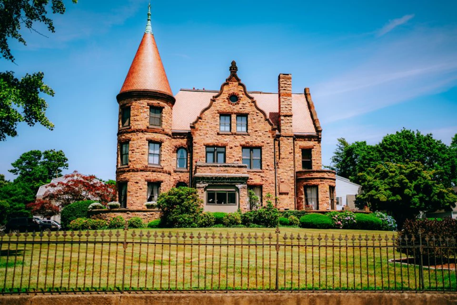 Restored Victorian mansions along Main Street's historic district in New Albany, Indiana