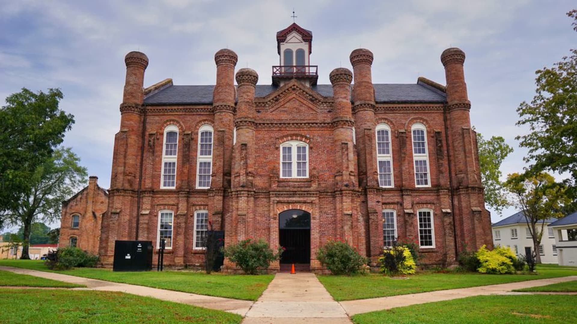 Historic brick storefronts on the courthouse square in downtown Opelousas, Louisiana
