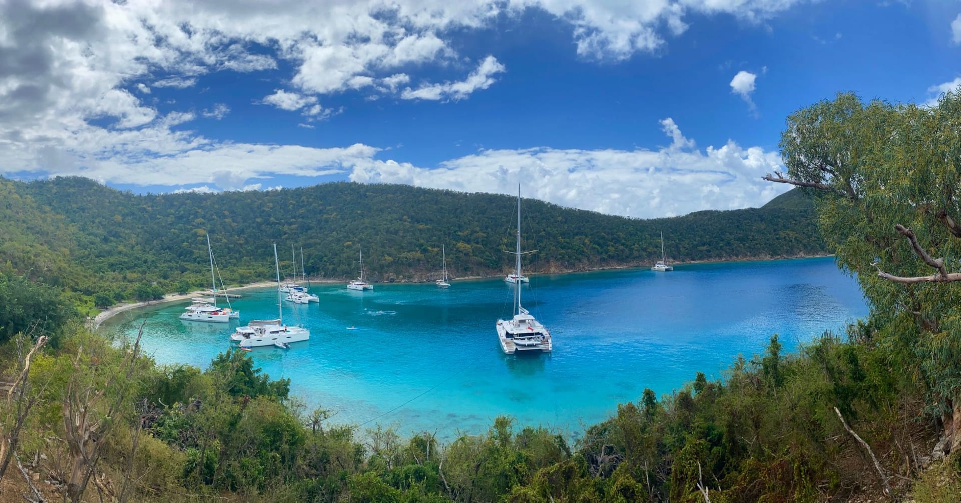 A catamaran anchored in clear turquoise water beside the white sand beach of Buck Island, St. Croix