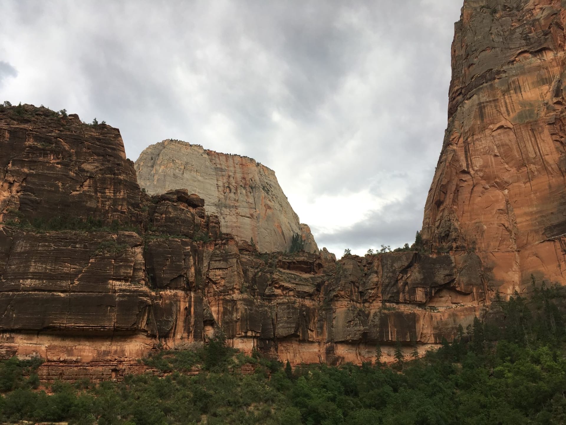 Narrow beam of morning light cutting between sheer red sandstone walls above the Virgin River in Zion Canyon