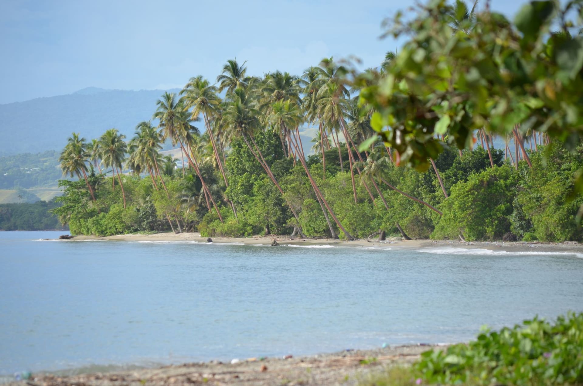 Champagne Beach on Espiritu Santo with brilliant white sand curving into turquoise water fringed by dense jungle