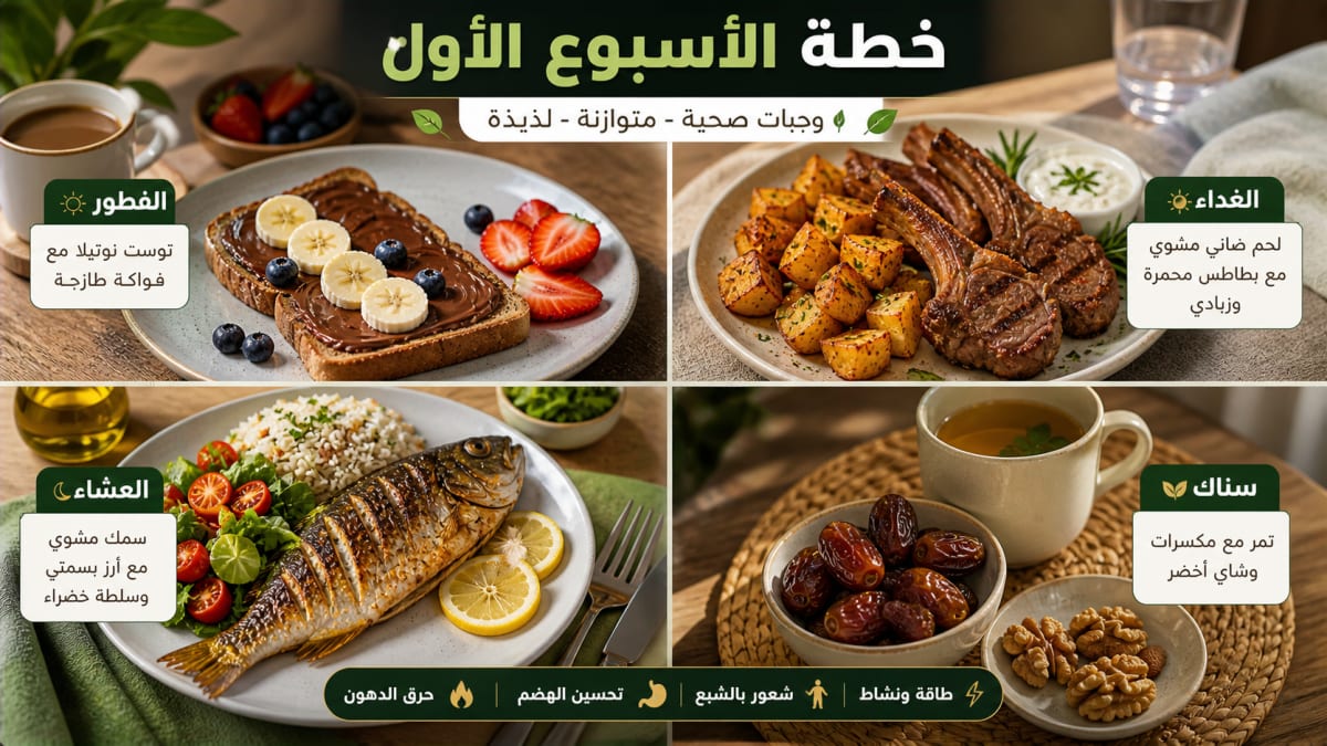 وجبات الأسبوع الأول من خطة تخسيس 30 يوم بنظام الطيبات