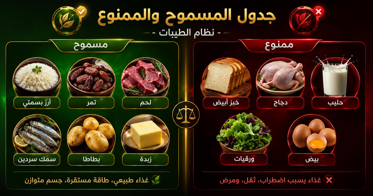 جدول المسموح والممنوع في نظام الطيبات: دليل المقارنة الشامل (170+ صنف)