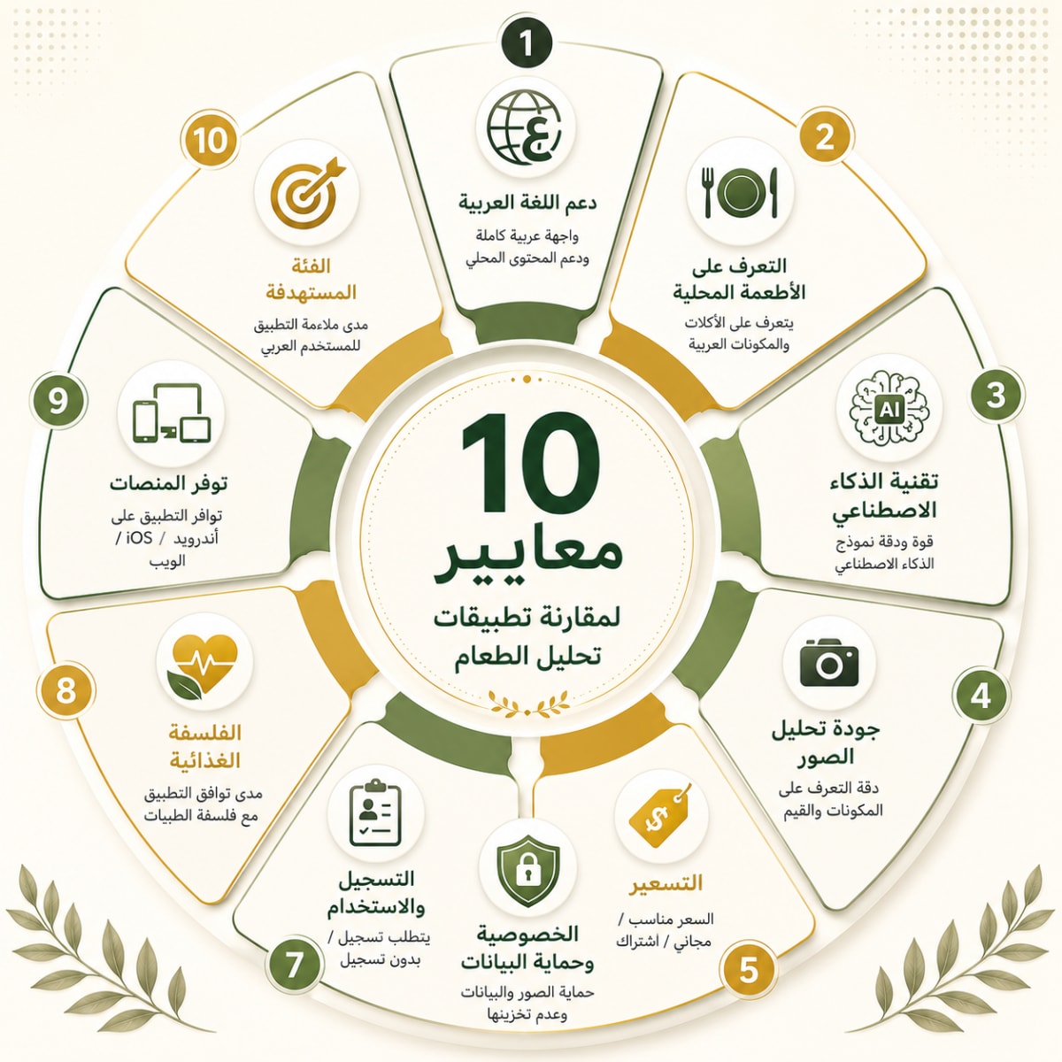 المعايير العشرة لمقارنة تطبيقات تحليل الطعام بالذكاء الاصطناعي - infographic شامل