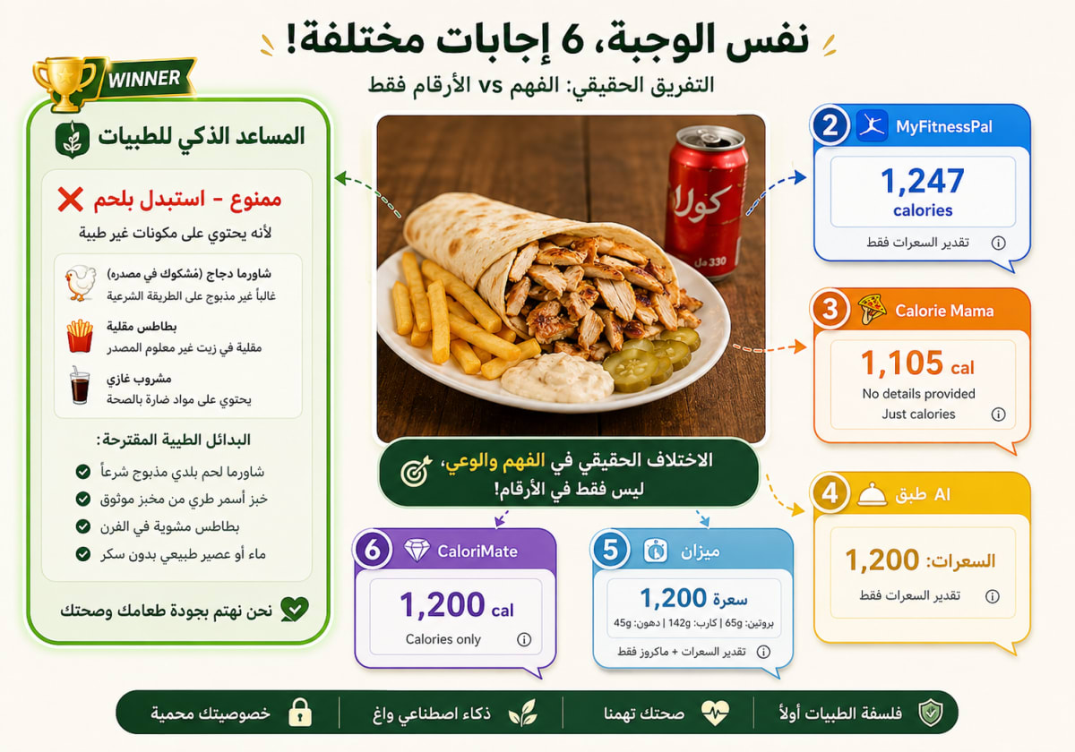 نفس الوجبة شاورما دجاج وبطاطس مقلية وكولا - 6 ردود مختلفة من 6 تطبيقات ذكاء اصطناعي لتحليل الطعام