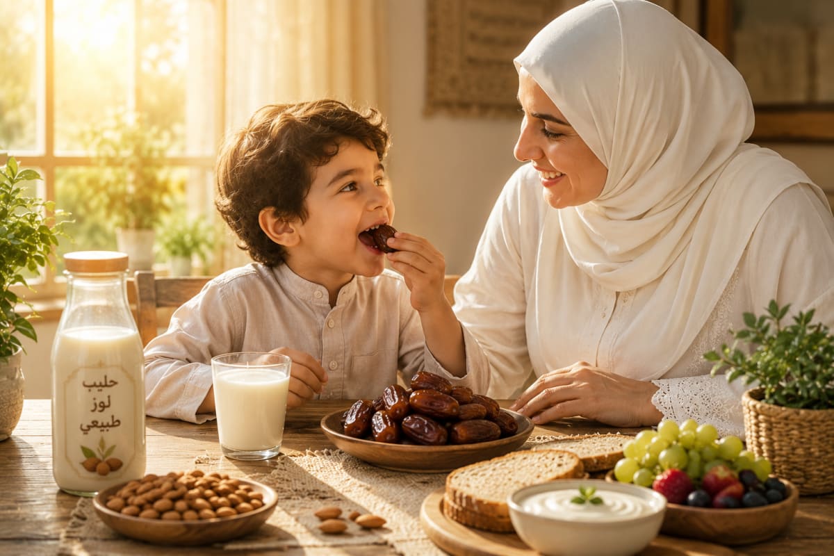طفل يأكل تمراً صحياً مع كوب حليب لوز - وجبة عائلية بركة