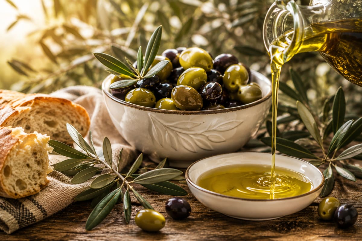 زيت الزيتون البكر الممتاز - وعاء خزفي مع زيتون طازج