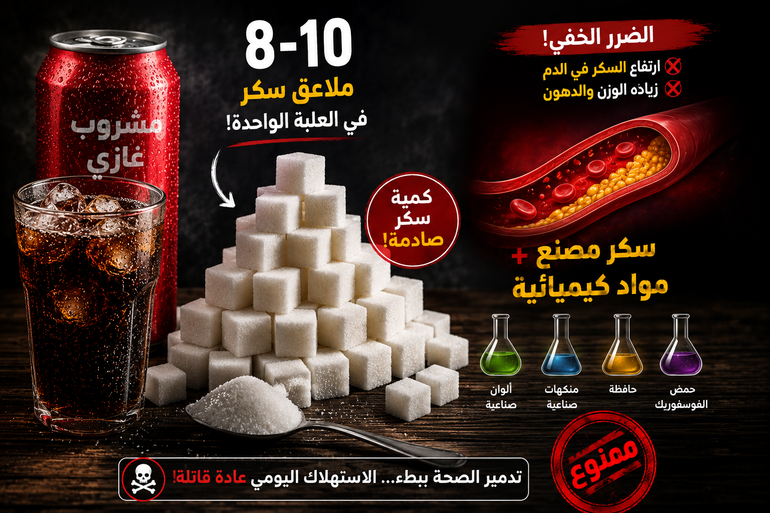 السكر والمواد الكيميائية في المشروبات الغازية