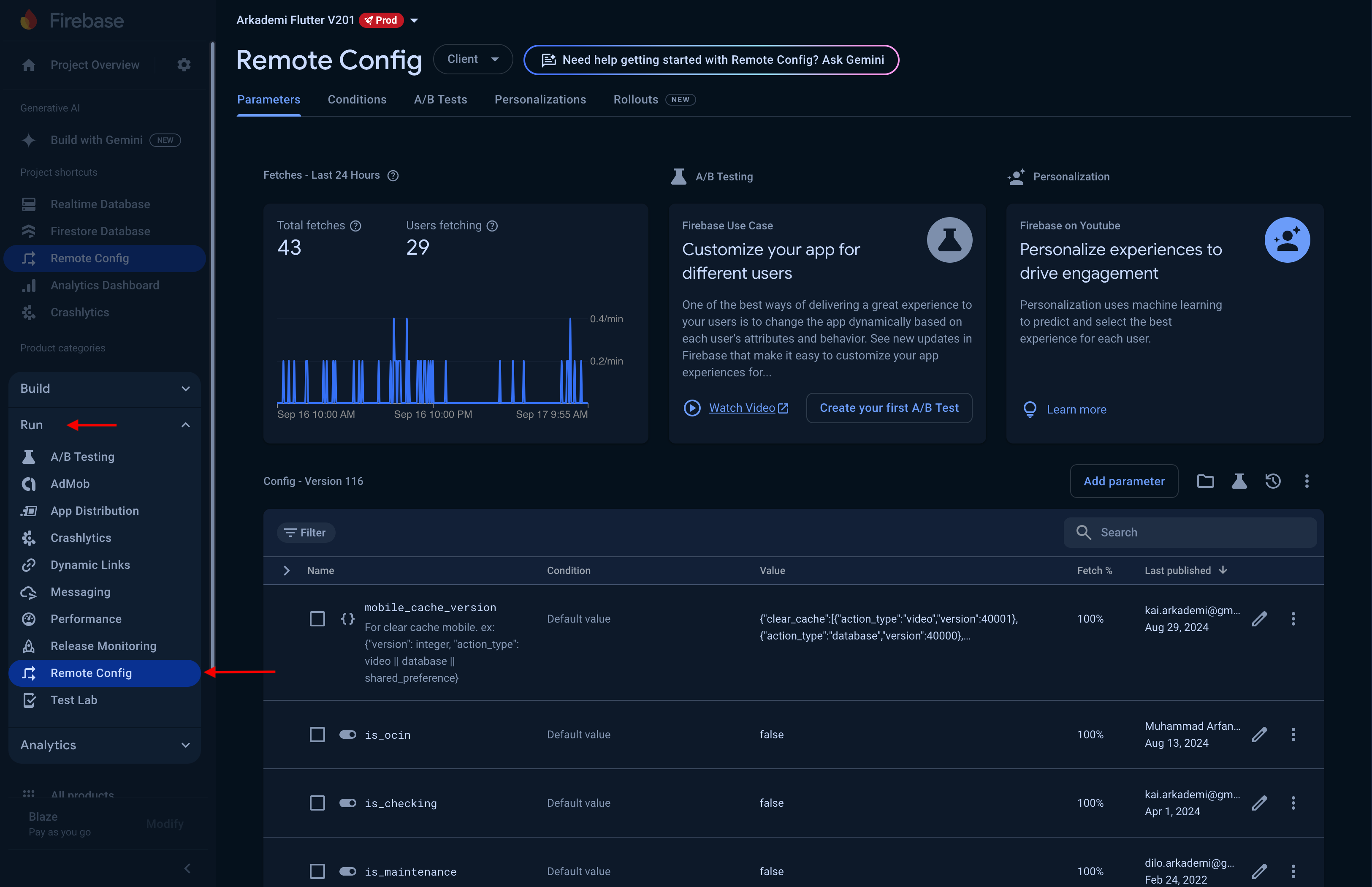 Open Firebase console remote config dashboard