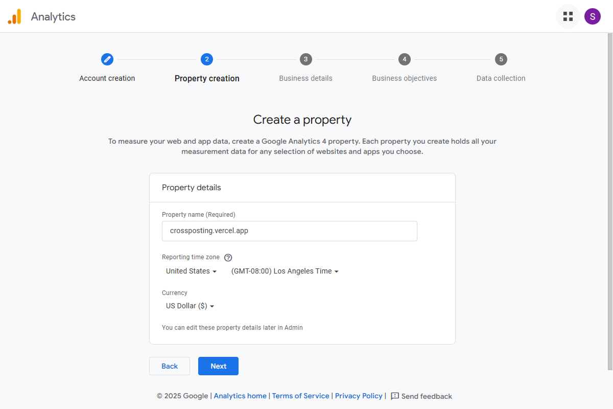 google analytics property creation page