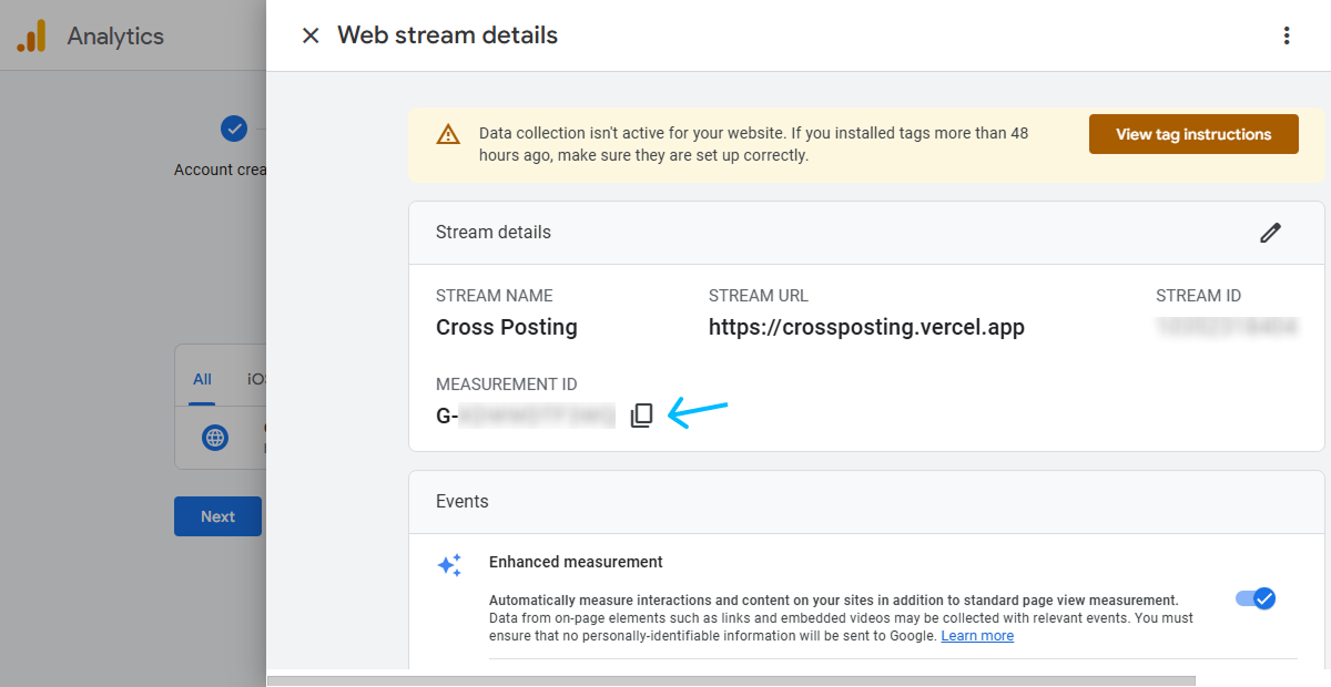 google analytics web stream derails page where you will find measurement Id