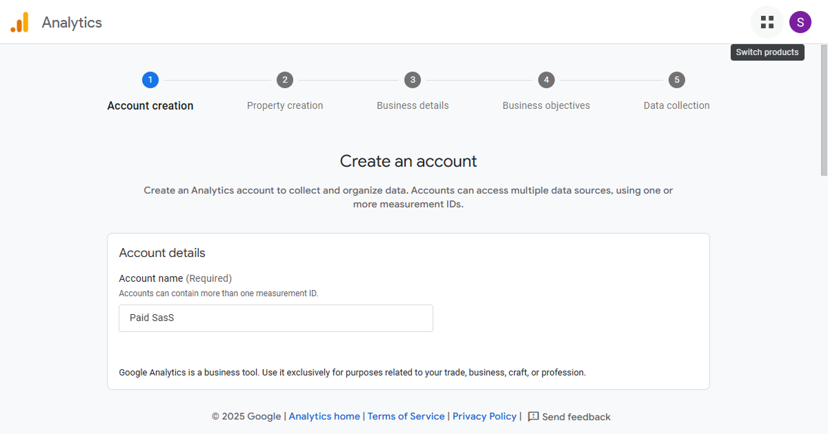 google analytics account creation page