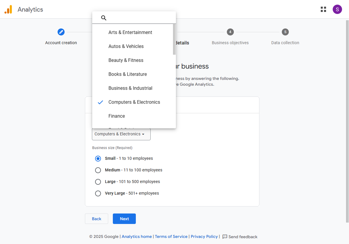 google analytics business details page