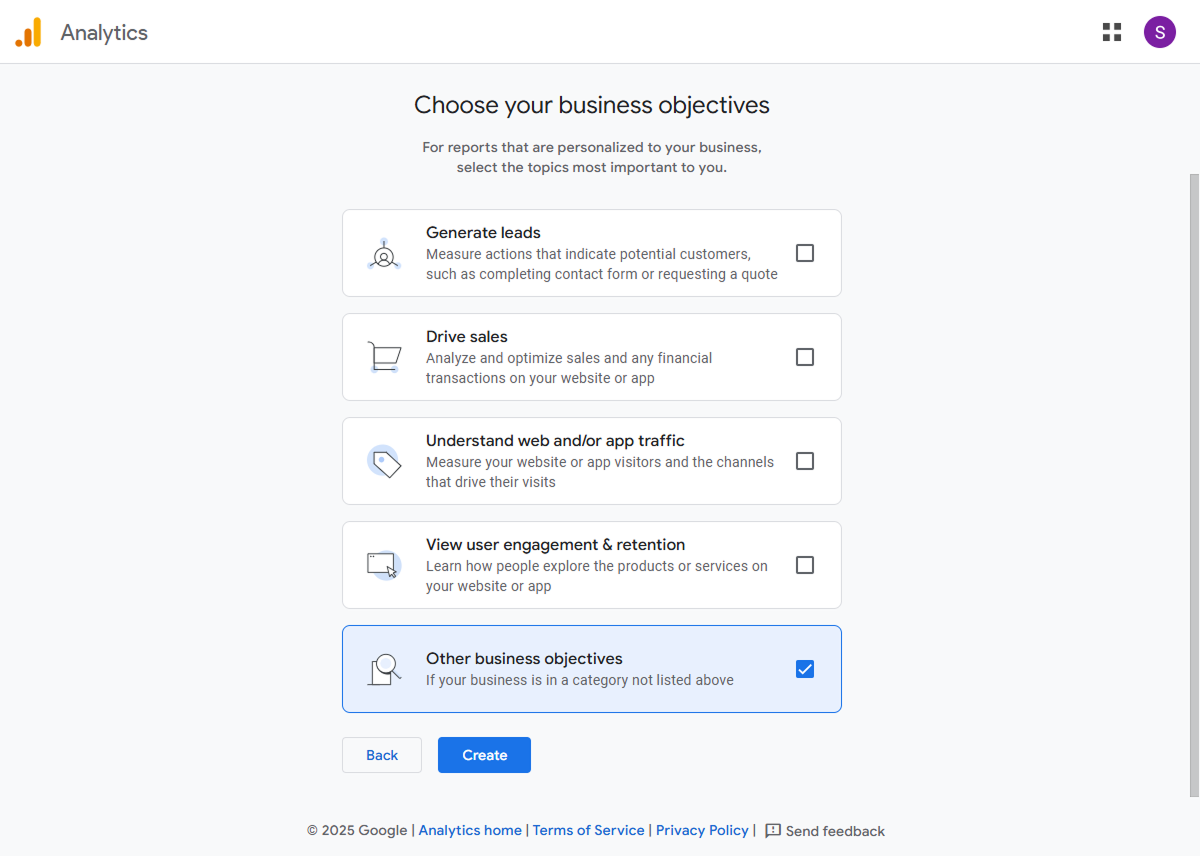 google analytics business objective page