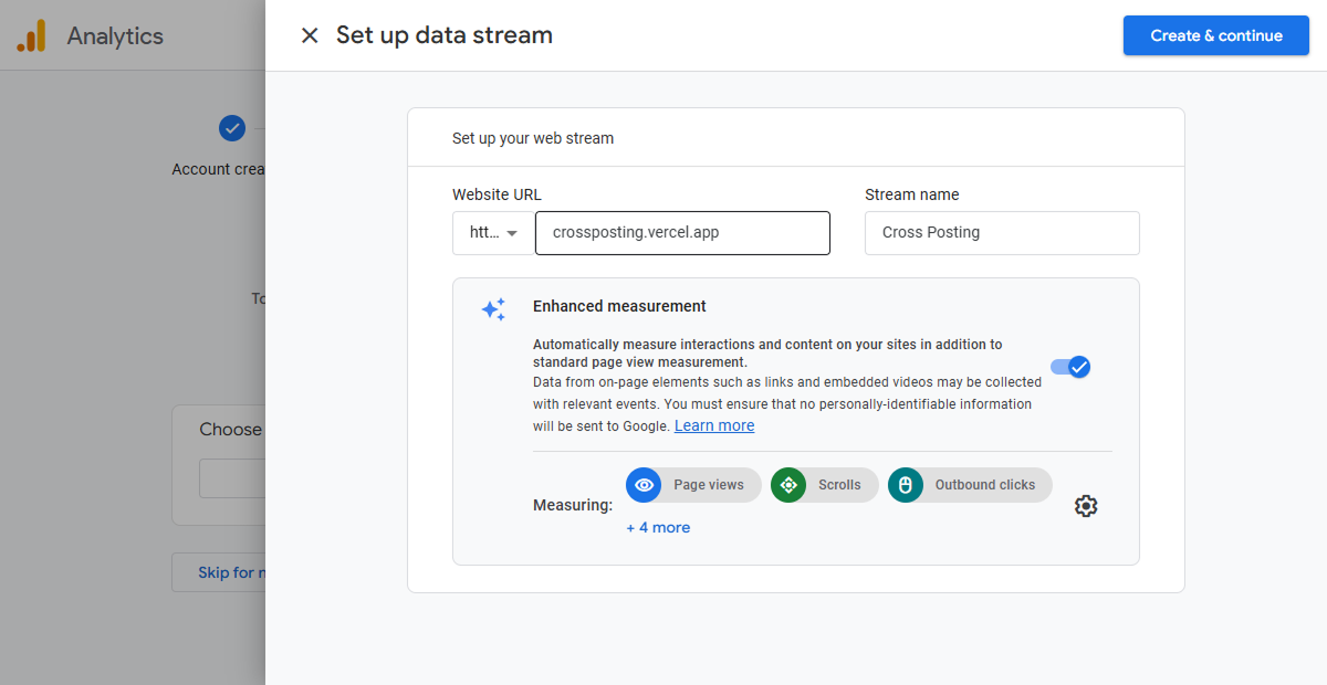 google analytics set up data stream page
