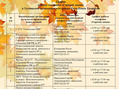График работы телефонов «Горячей линии» в Тетюшском районе