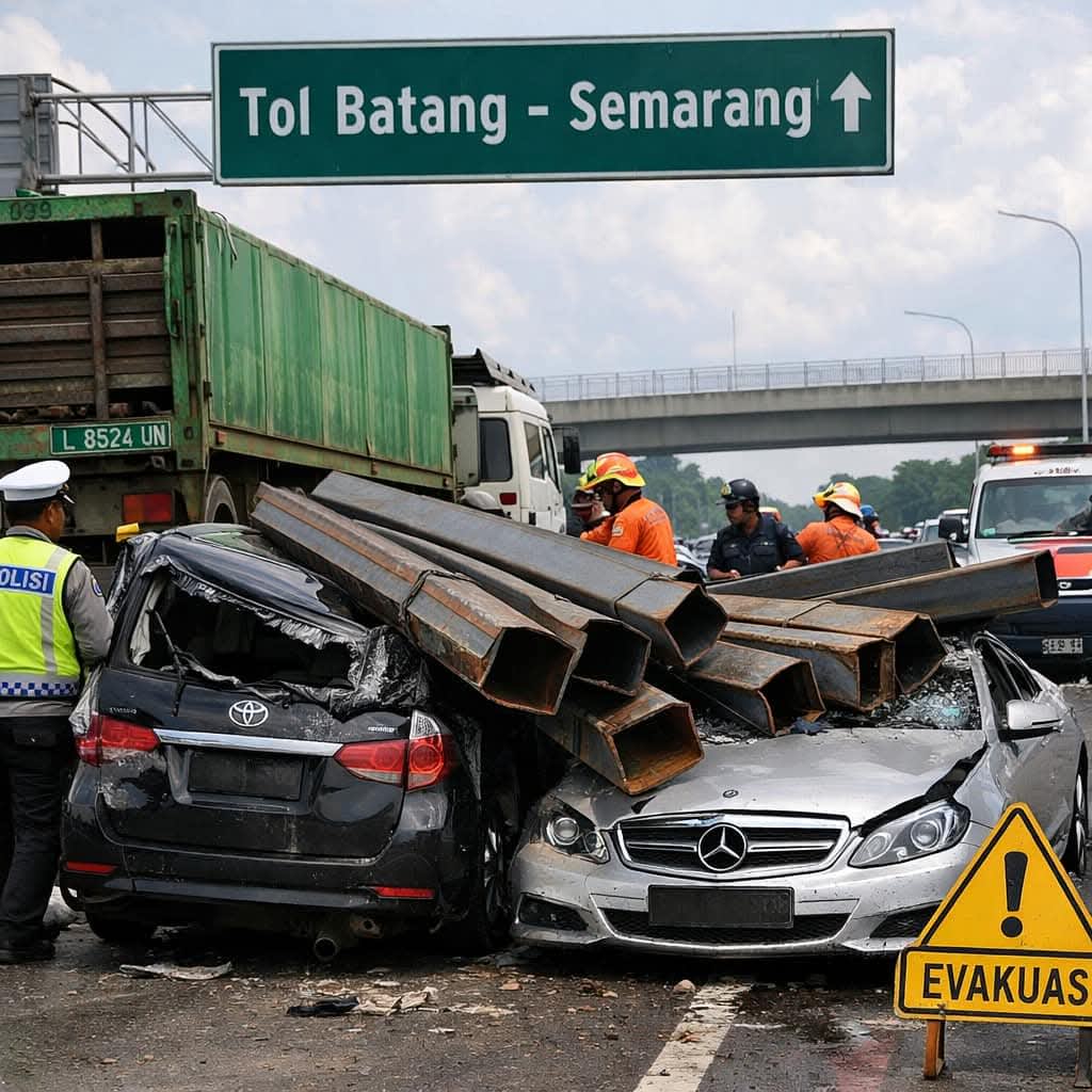 Dua Mobil Ringsek Tertimpa Besi Muatan Trailer di Tol Batang–Semarang