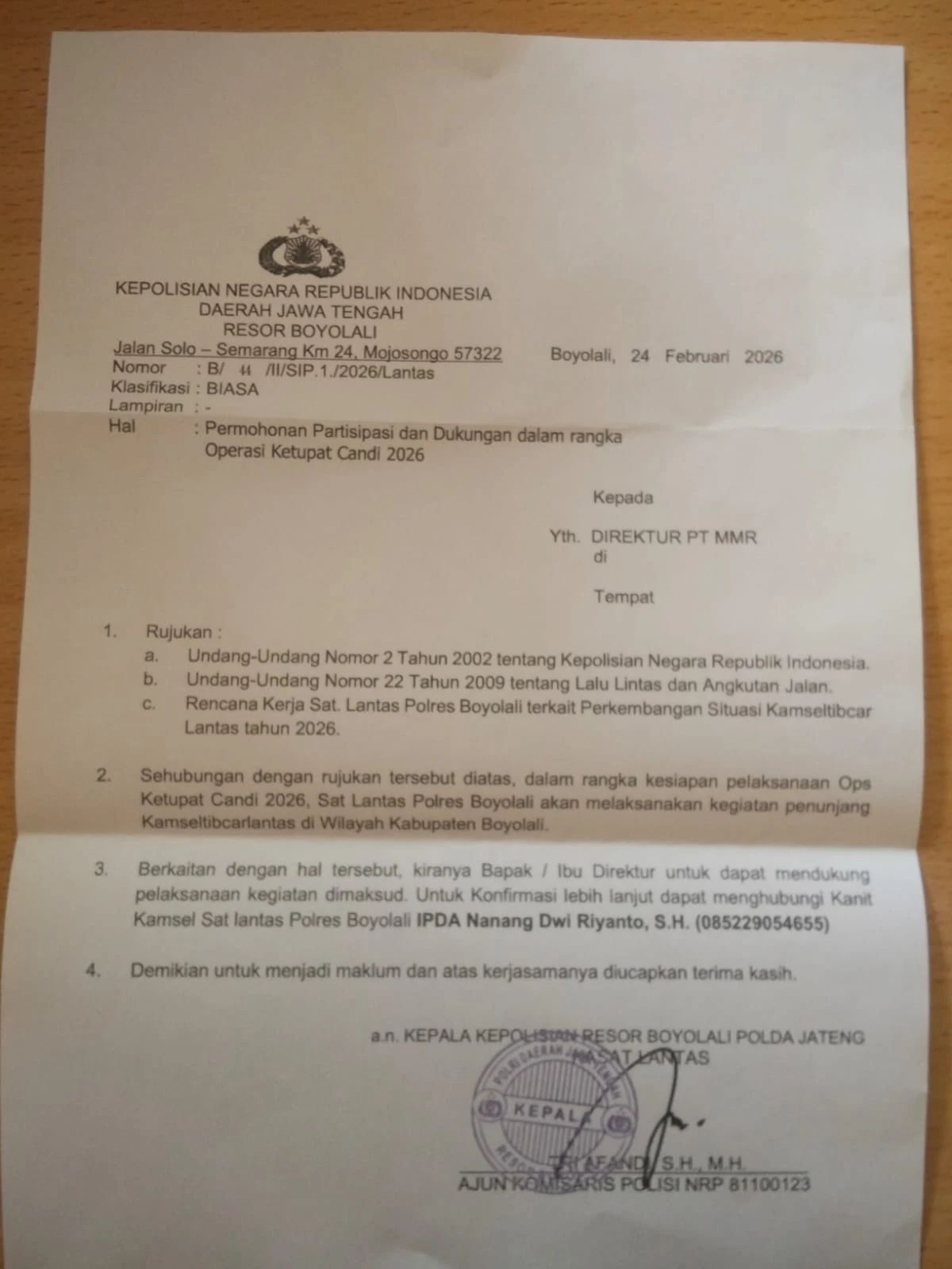 Permohonan Evaluasi atas Penerbitan Surat Permohonan Partisipasi Demi Menjaga Marwah dan Profesionalitas Institusi Kepolisian Republik Indonesia