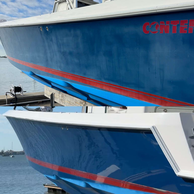 Oxidized boat hull before and after restoration Tampa Bay FL