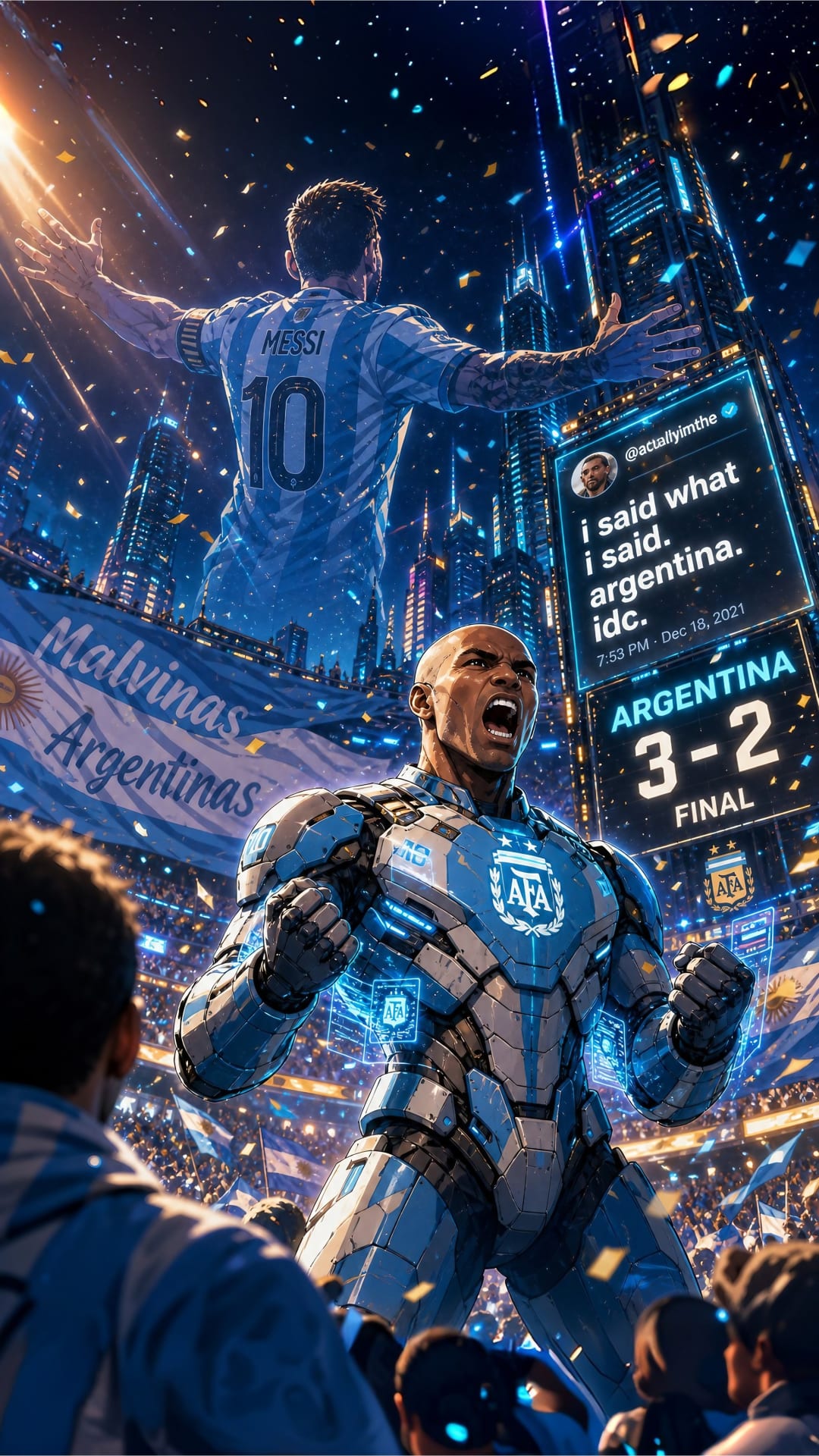 Mecha Hero Roars Beneath Neon Messi