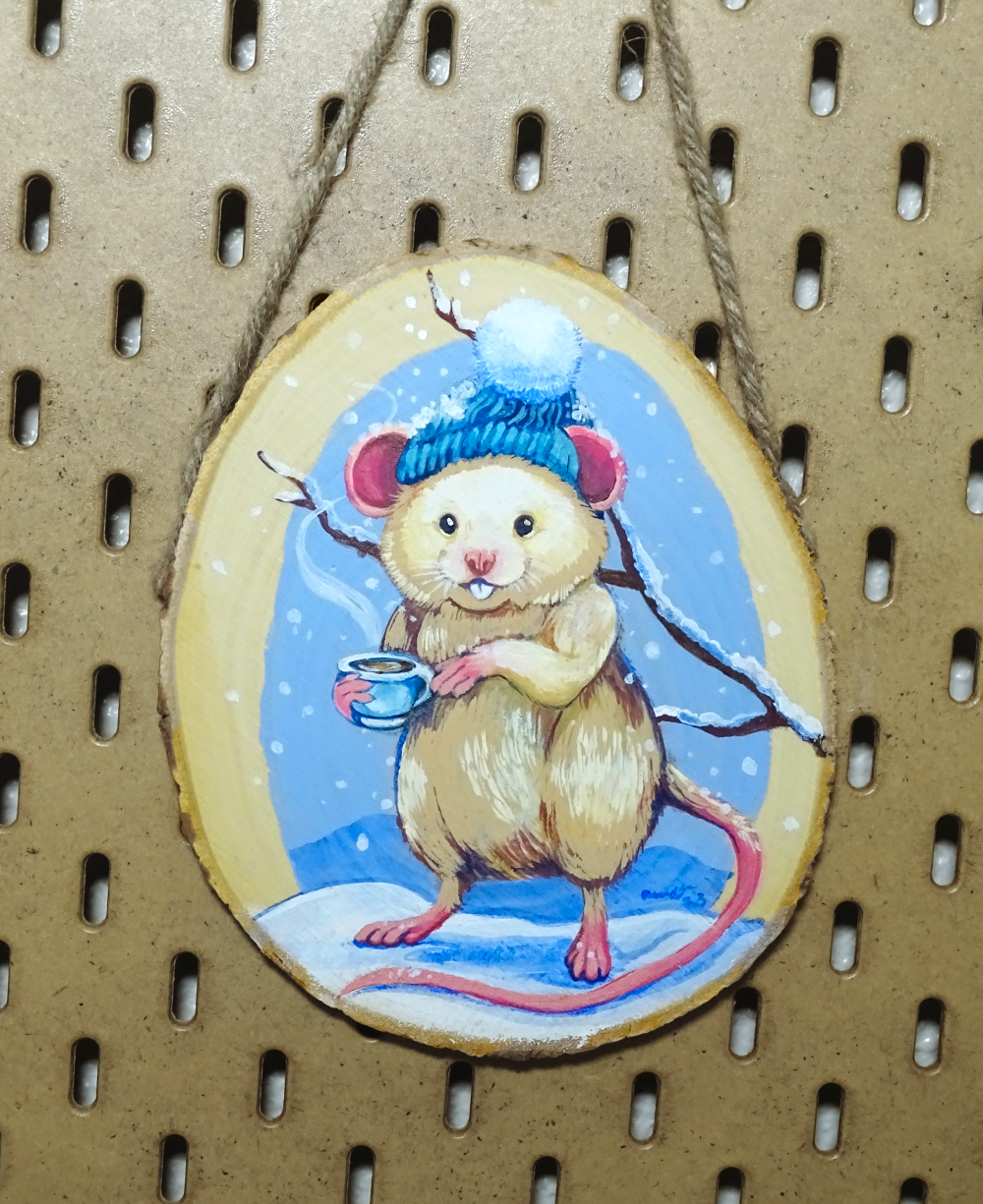 Cozy Mouse Cocoa, Acrylic on Wood Round - 2025