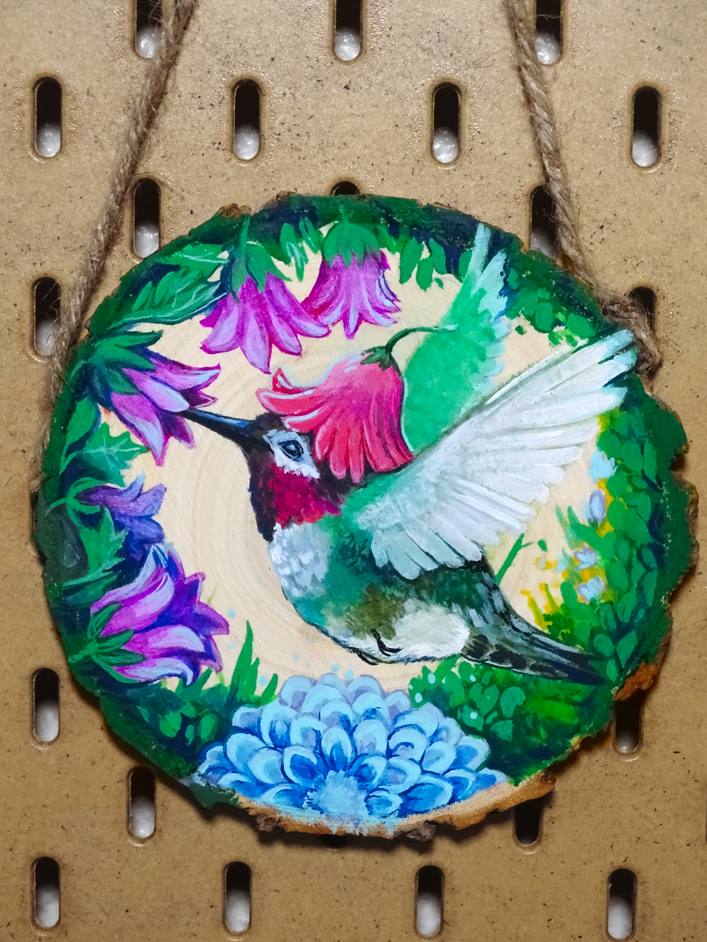 Spring Hummer, Acrylic on Wood Round - 2025
