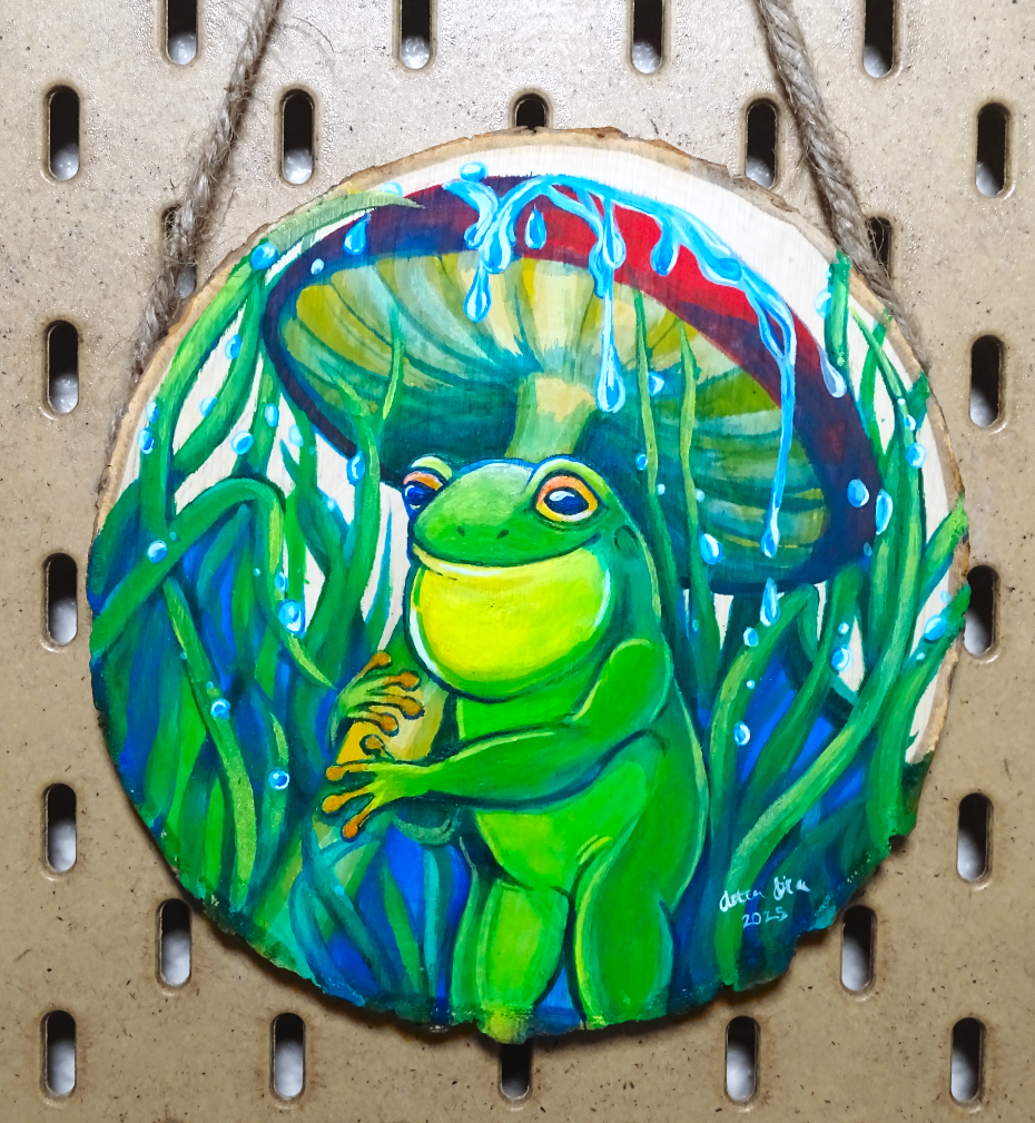Summer Rain, Happy Frog, Acrylic on Wood Round - 2025