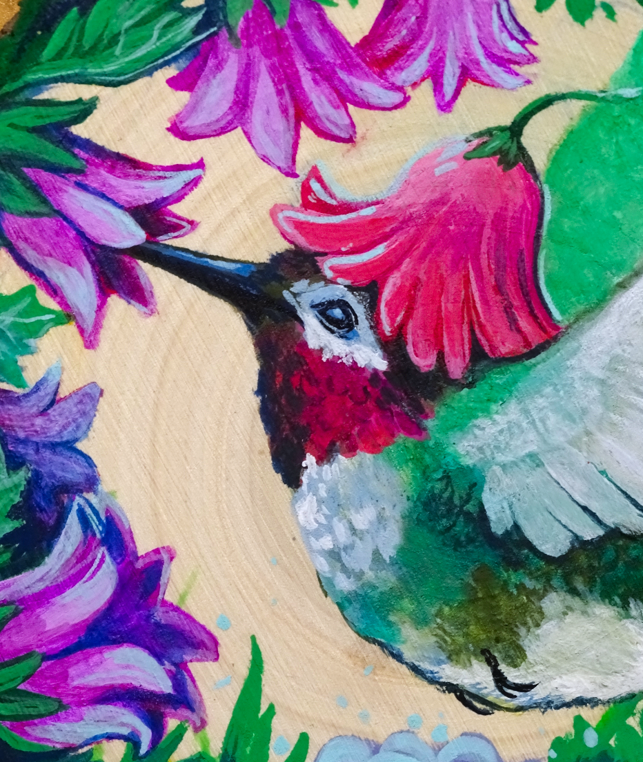 Spring Hummer, Acrylic on Wood Round - 2025