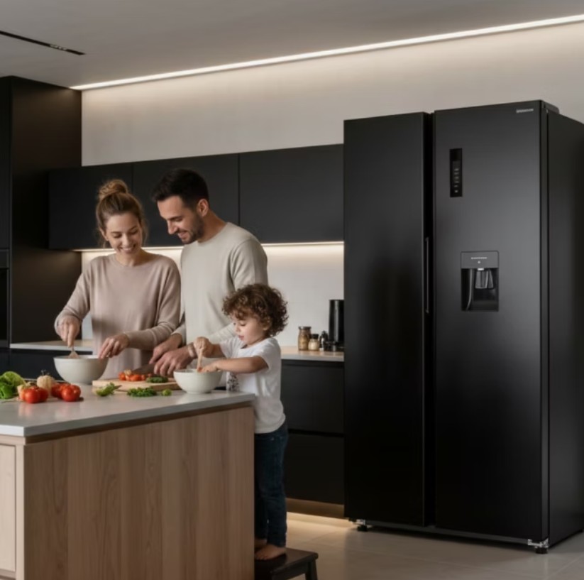 Familia en cocina con refrigeradora Panasonic BS95