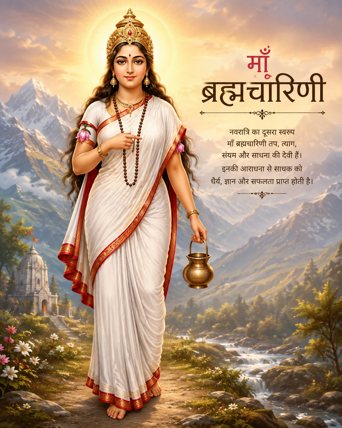 माँ ब्रह्मचारिणी, हाथ में जपमाला और कमण्डल लिए श्वेत वस्त्र में