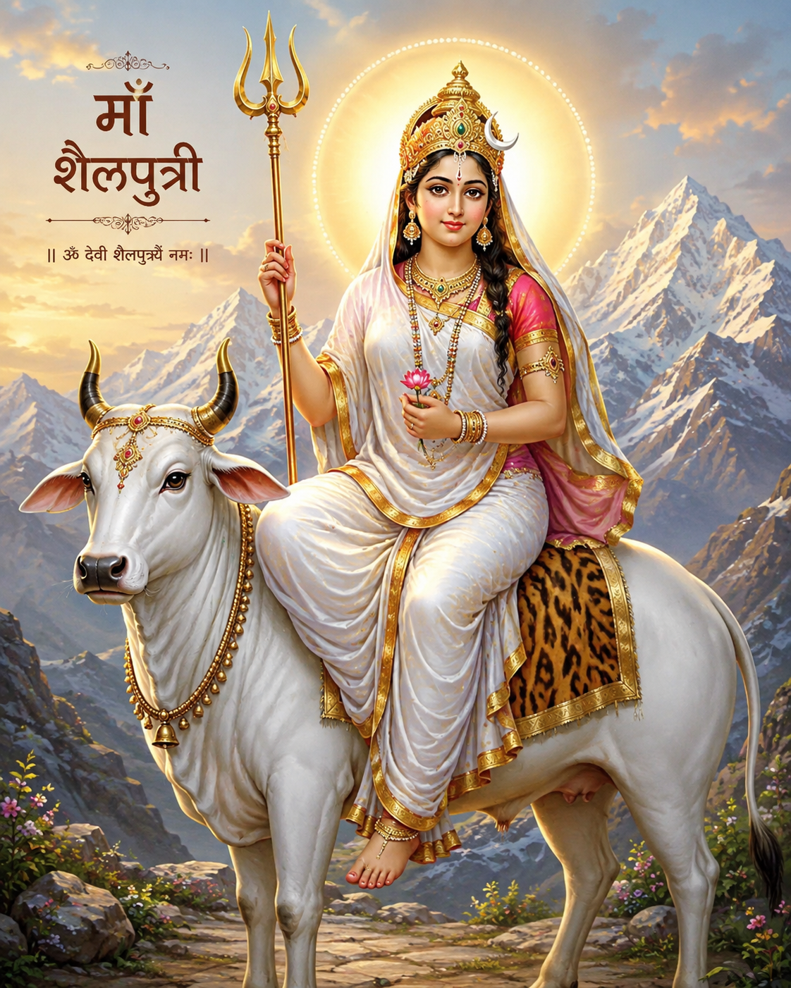 माँ शैलपुत्री, वृषभ पर विराजमान, त्रिशूल और कमल धारण किए हुए
