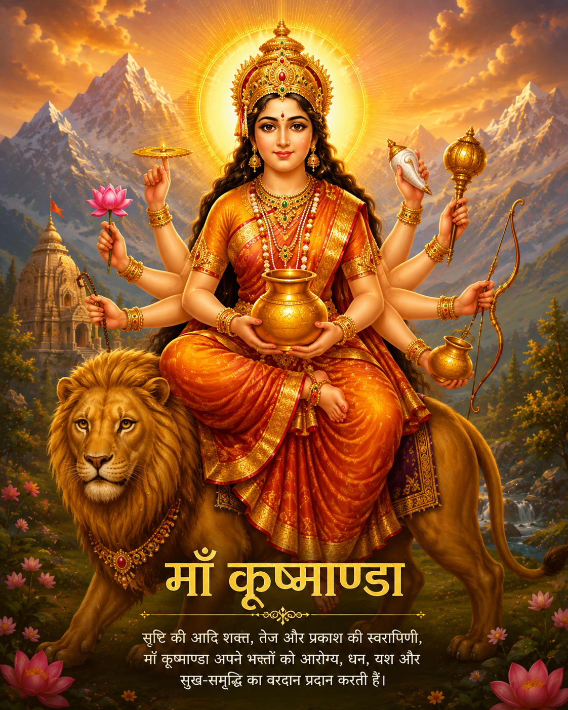 माँ कूष्माण्डा अष्टभुजा स्वरूप में, हाथों में कलश और कमल लिए